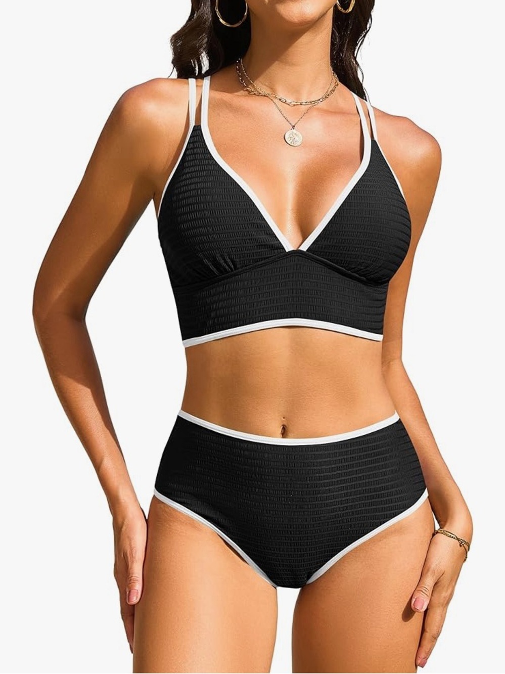 Women’s Black Two-Piece V-Neck Swim Set with White Trim